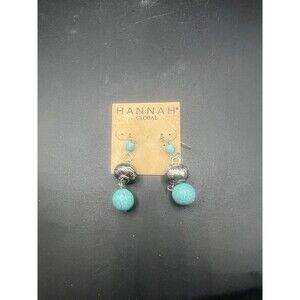 NWT Hannah Global Turquoise Look Dangle Earrings Silver Tone Beaded 2”
